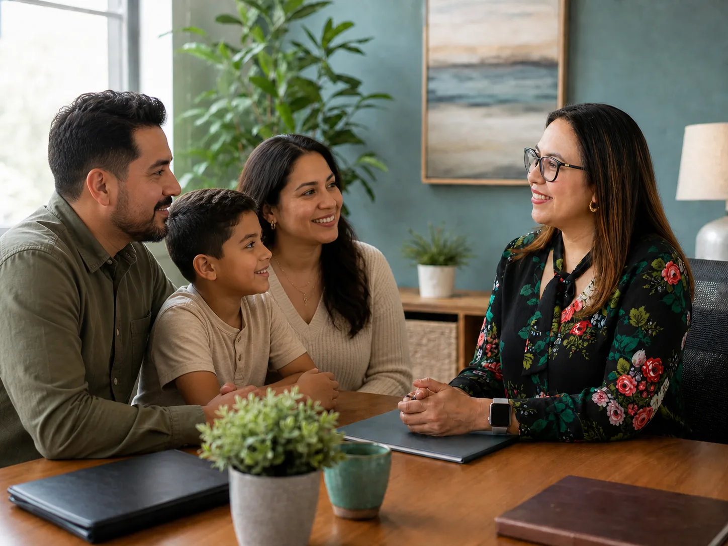 Clinician meeting with a family in a bright office.