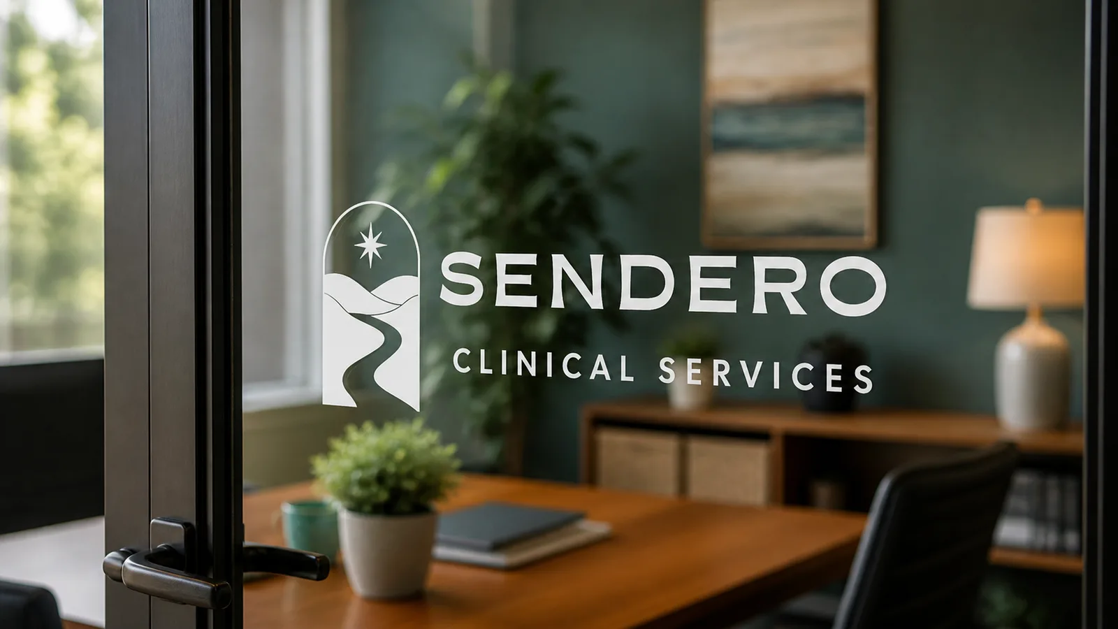 Sendero Clinical Services logo on a glass office door.